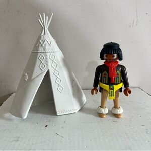 Vintage 1974 Geobra Playmobil Native American Indian Minifigure & Teepee